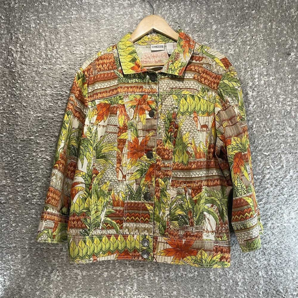Chico's Cotton Tropical Monkey Print Jacket Sz 3, XL Colorful Teacher Casual